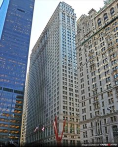 street level view of, from left to right, 140 Broadway, the Equitable Building, 150 Broadway 