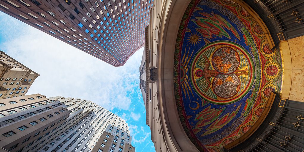 historic ITT building main entrance mozaic 75 broad street manhattan new york