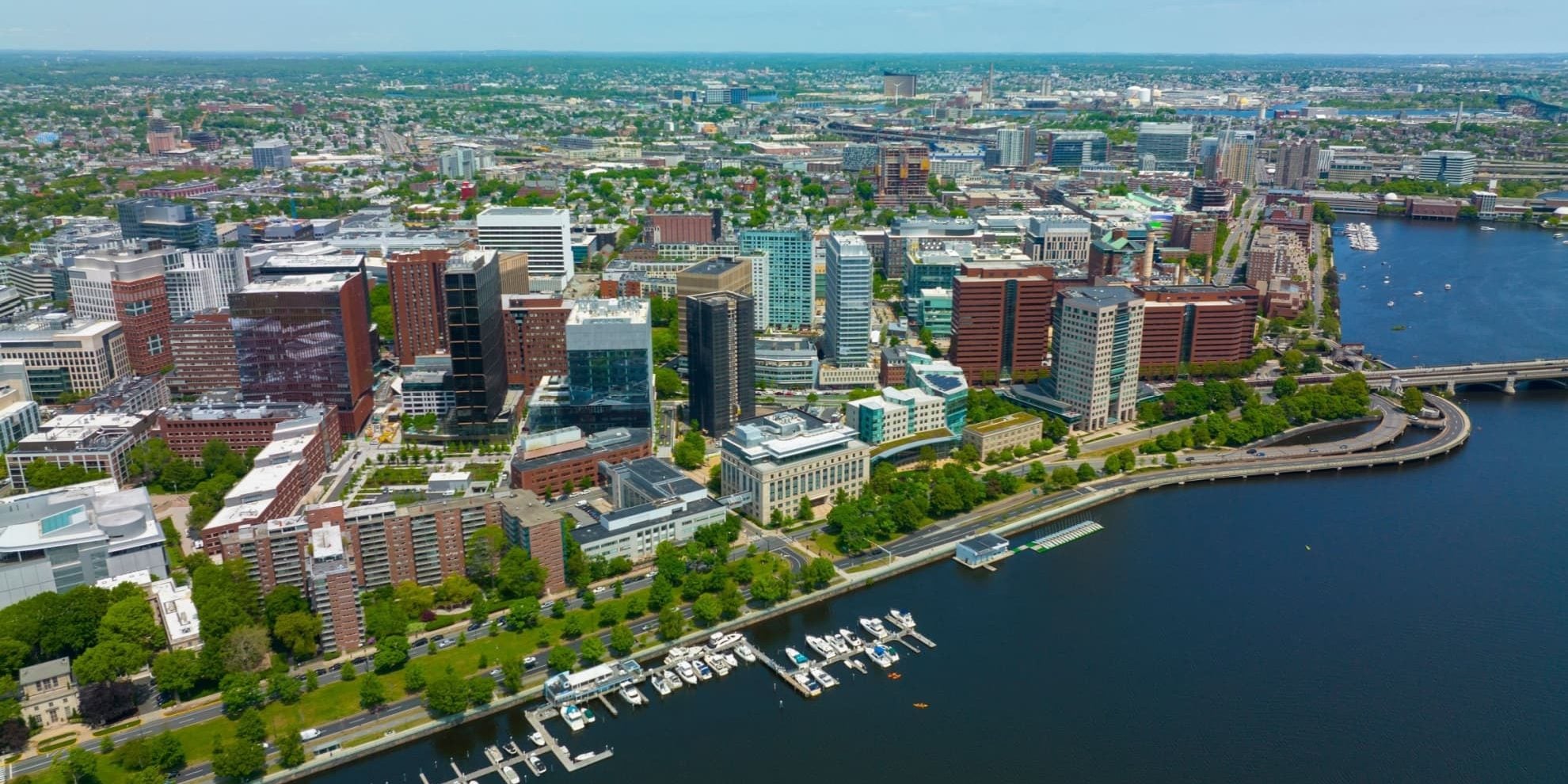 panoramic view of office properties along the Cambridge waterfront in Boston MA