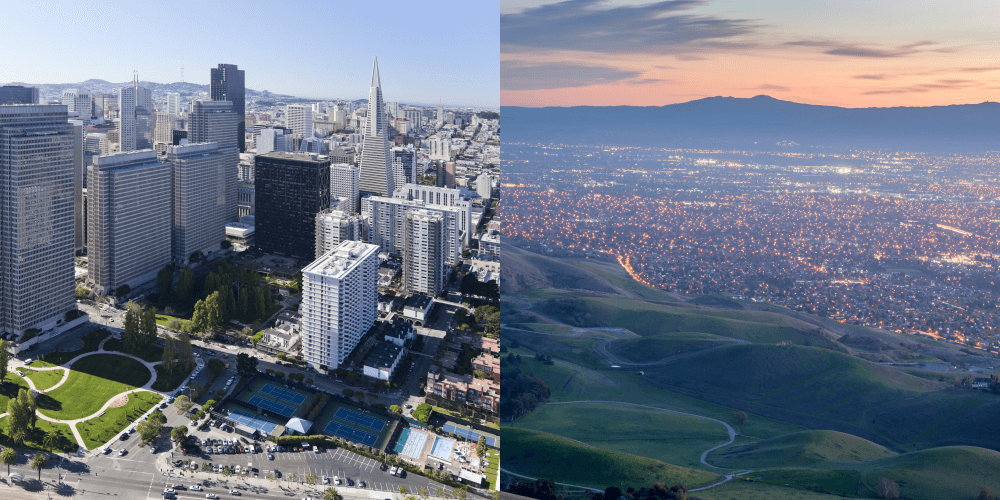 composite image of san francisco office buildings to the left and sprawling silicon valley in the bay area to the right