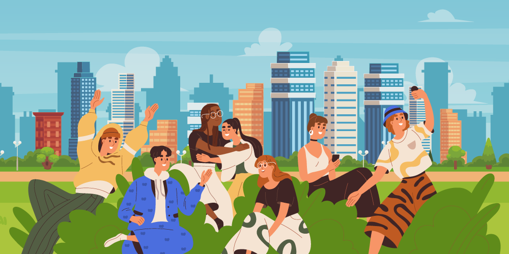 Vector art of several Generation Z members spending time together