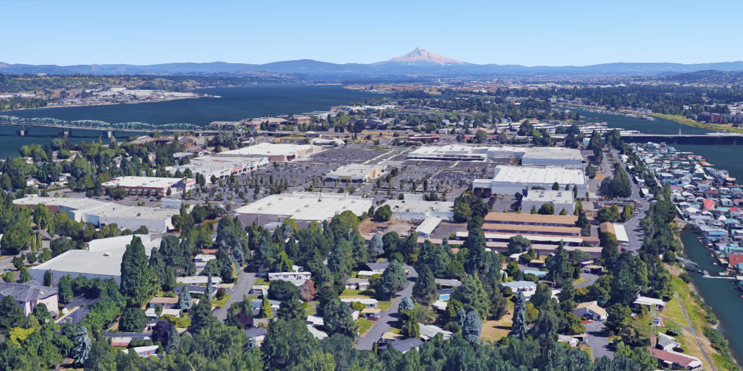 google 3d satellite image of Jantzen Beach Center on hayden Island in Portland