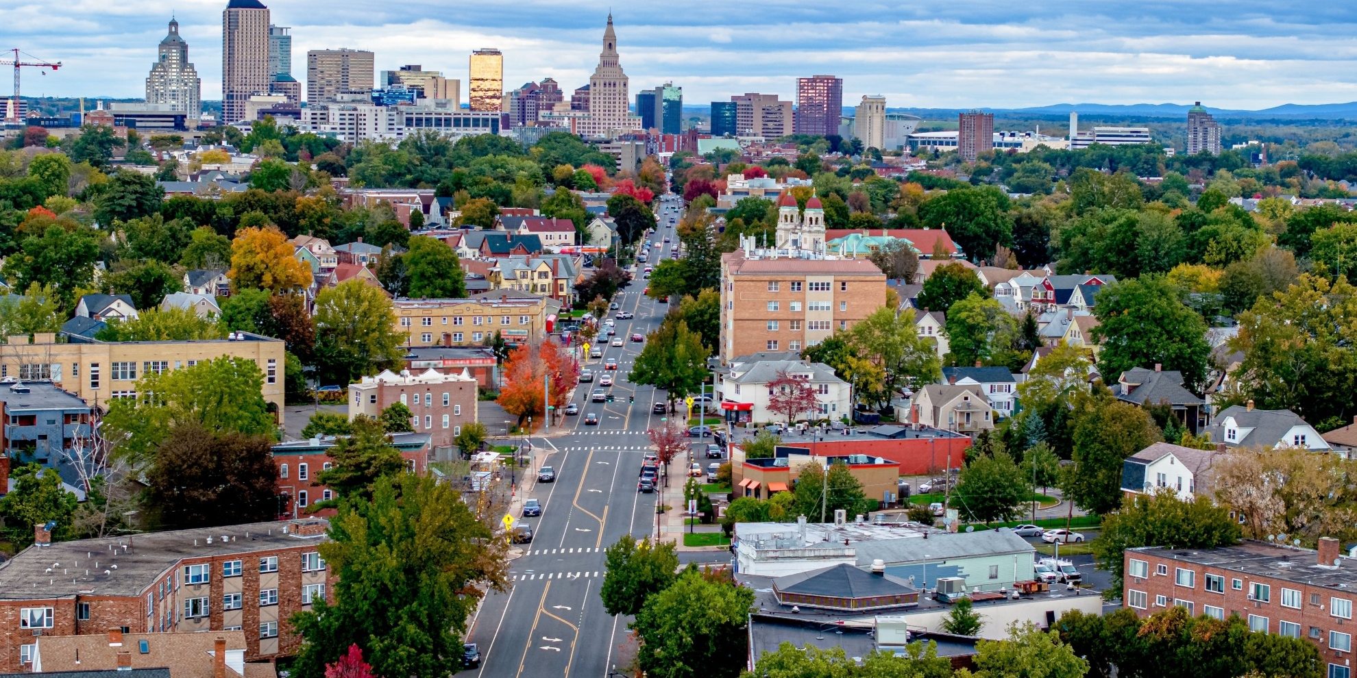 aerial panoramic view of hartford connecticut with central business district in the distance