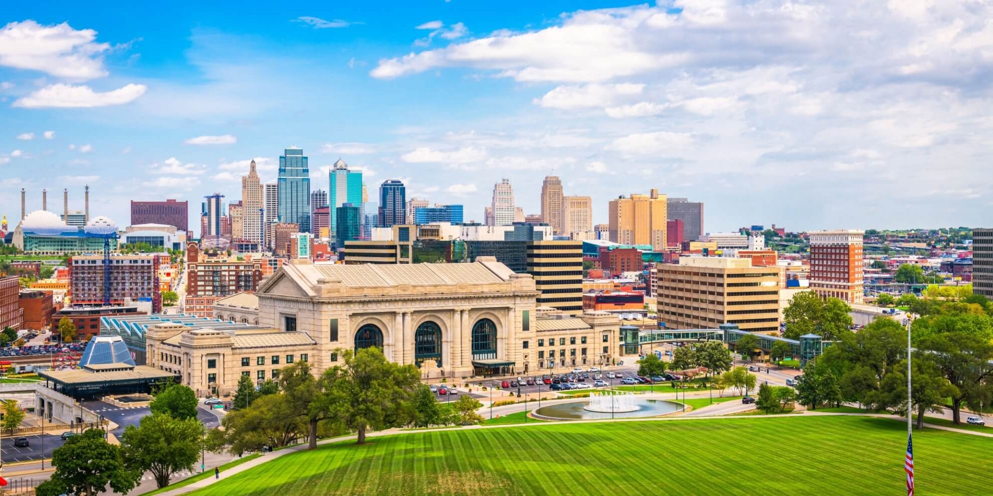 distant view of office and commercial real estate buildings in downtown Kansas City