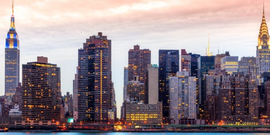Manhattan's skyscrapers including the Chrysler building, home to several innovative Manhattan coworking spaces