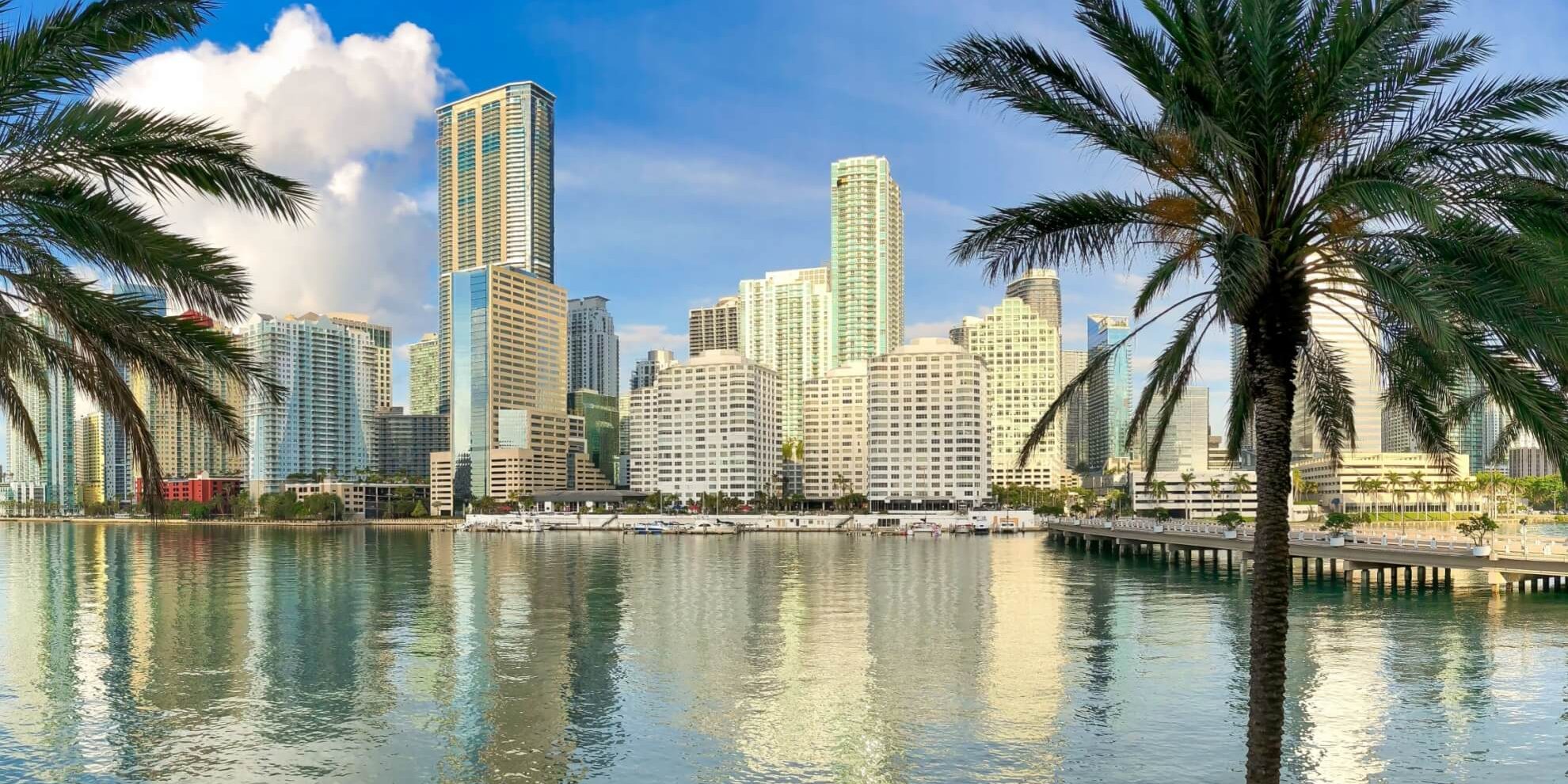 view of the Miami Brickell neighborhood skyline from across the water