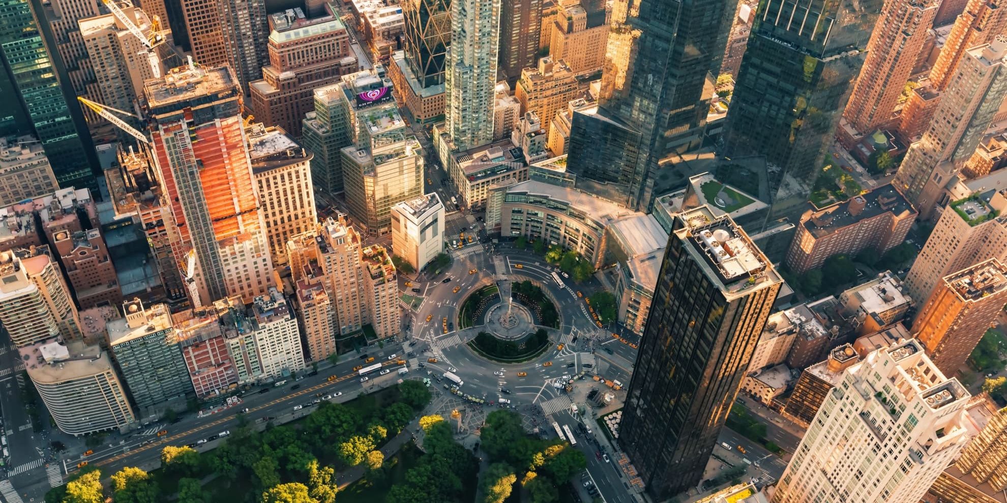 aerial view Columbus Circle in Midtown Manhattan