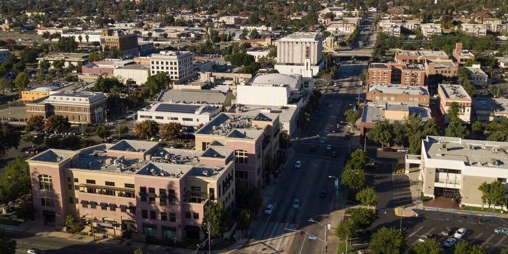 Aerial view of office buildings in Pomona, CA
