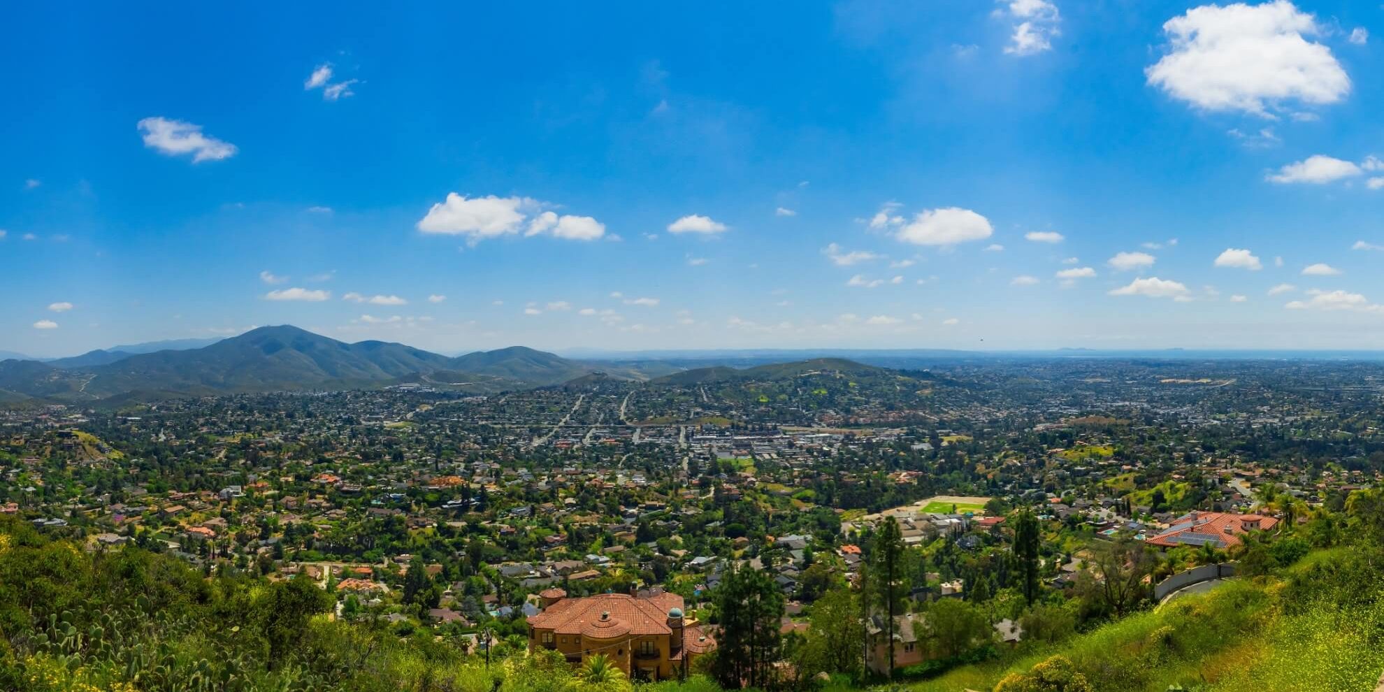 aerial panoramic view of suburban san diego landscape