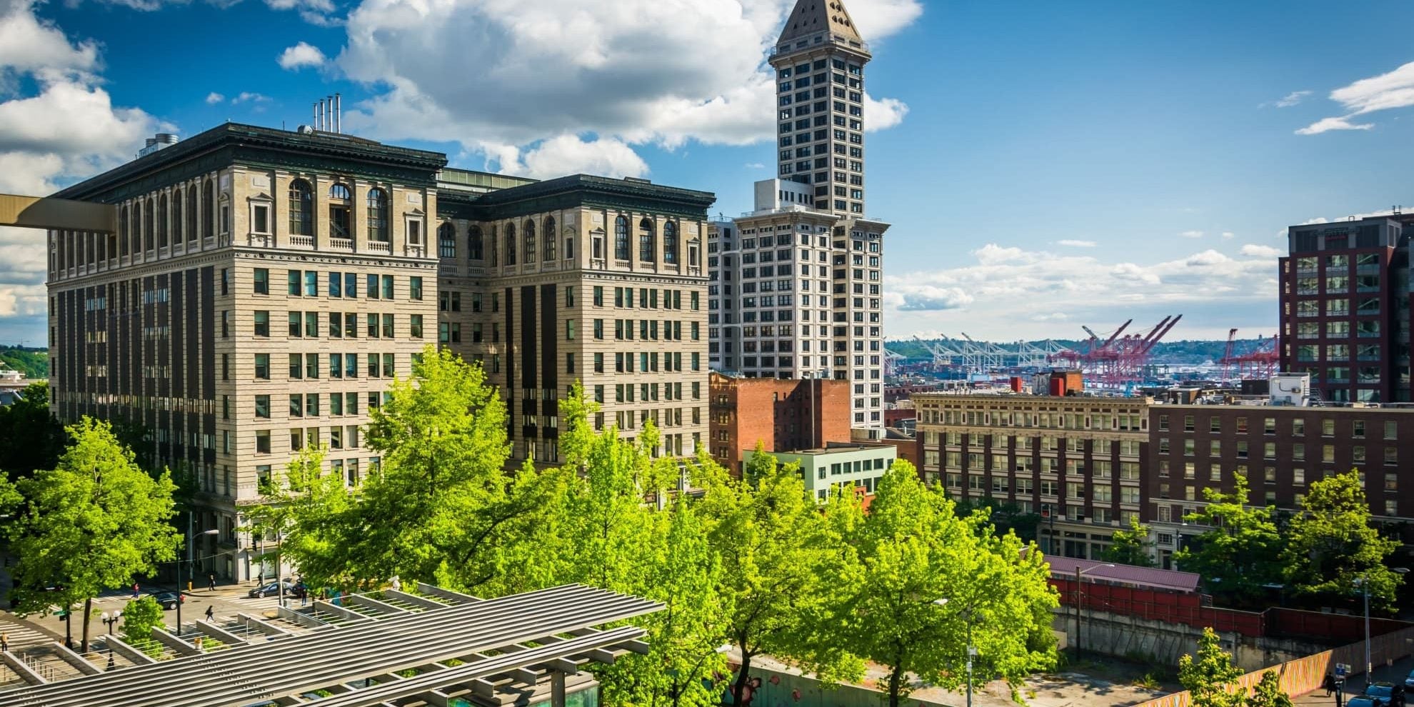 Seattle office buildings around Pioneer Square. From left to right: the King County courthouse building, 515 3rd Avenue, the Smith Tower, 607 3rd Avenue, The St. Charles Hotel building (aka Hotel Rector), and the Alaska Building on the right in the background