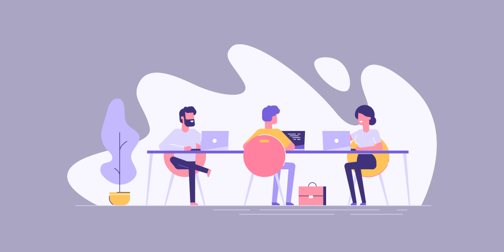 Coworking space with creative people sitting at the table. Business team working together at the big desk using laptops. Flat design style vector illustration.