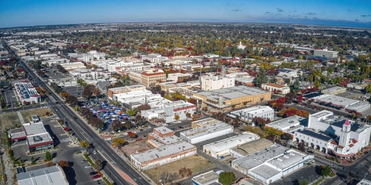 aerial view of downtown merced california