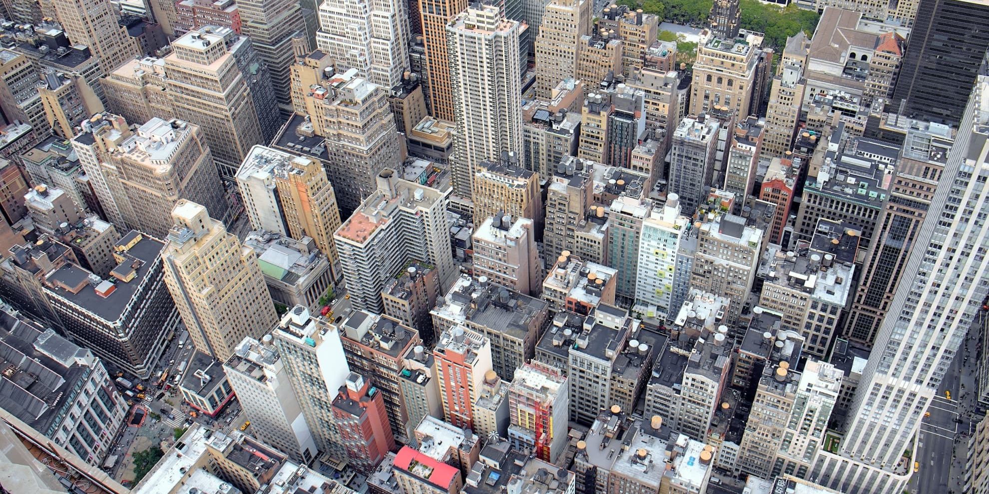 aerial view of midton manhattan office space buildings between herald square and Bryant park