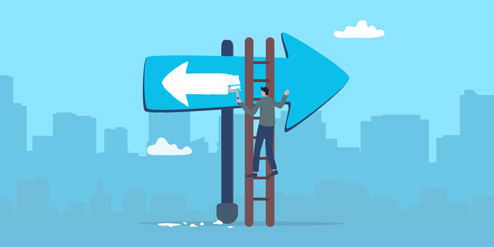 Vector art of a person painting a different direction on an arrow sign, symbolizing opportunities for a flexible career