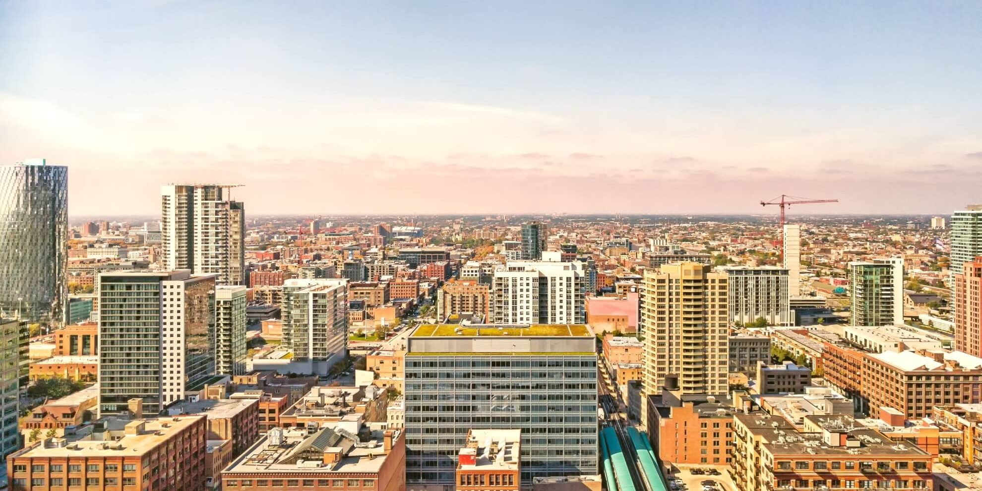 aerial panoramic view of the chicago business district skyline and surrounding region