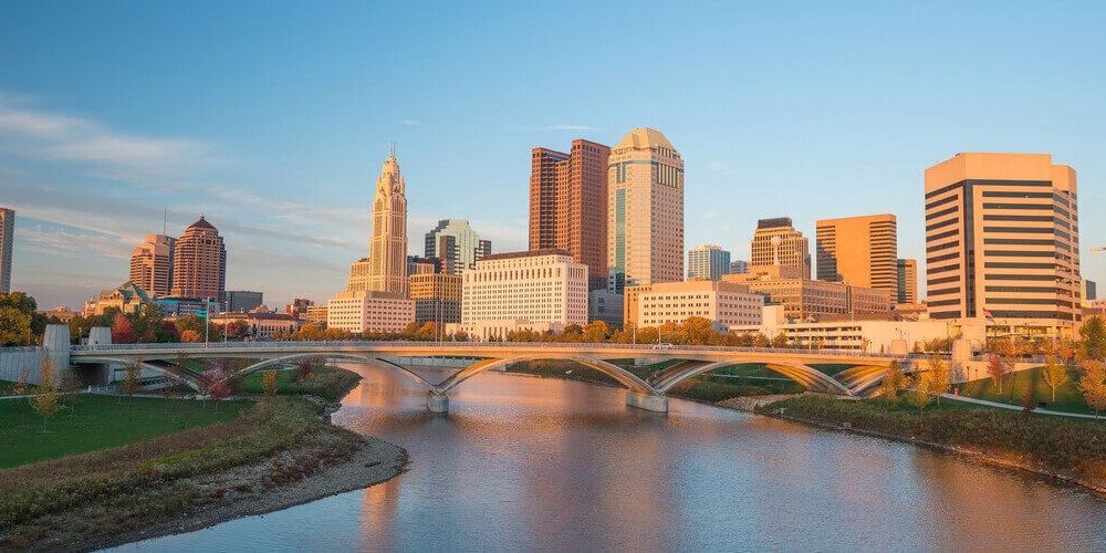 An aerial view of the Columbus, OH skyline