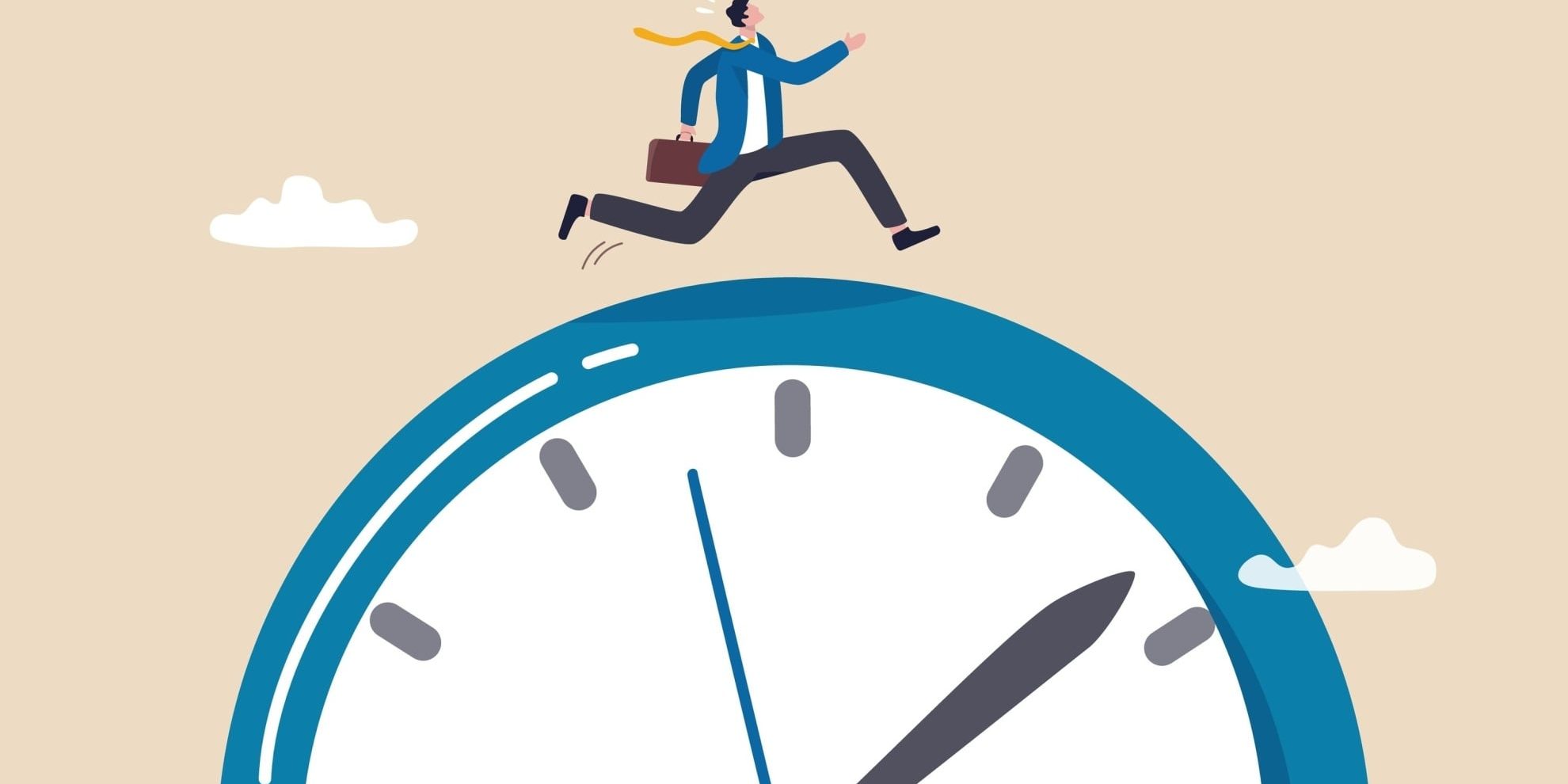 drawn illustration of a person dressed in suit and jacket, carrying briefcase, running stressed against time, atop a clock that appears to be in the clouds against a tan sky