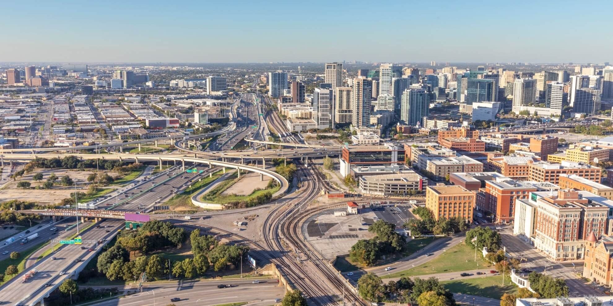 aerial panoramic view of the dallas texas central business district skyline