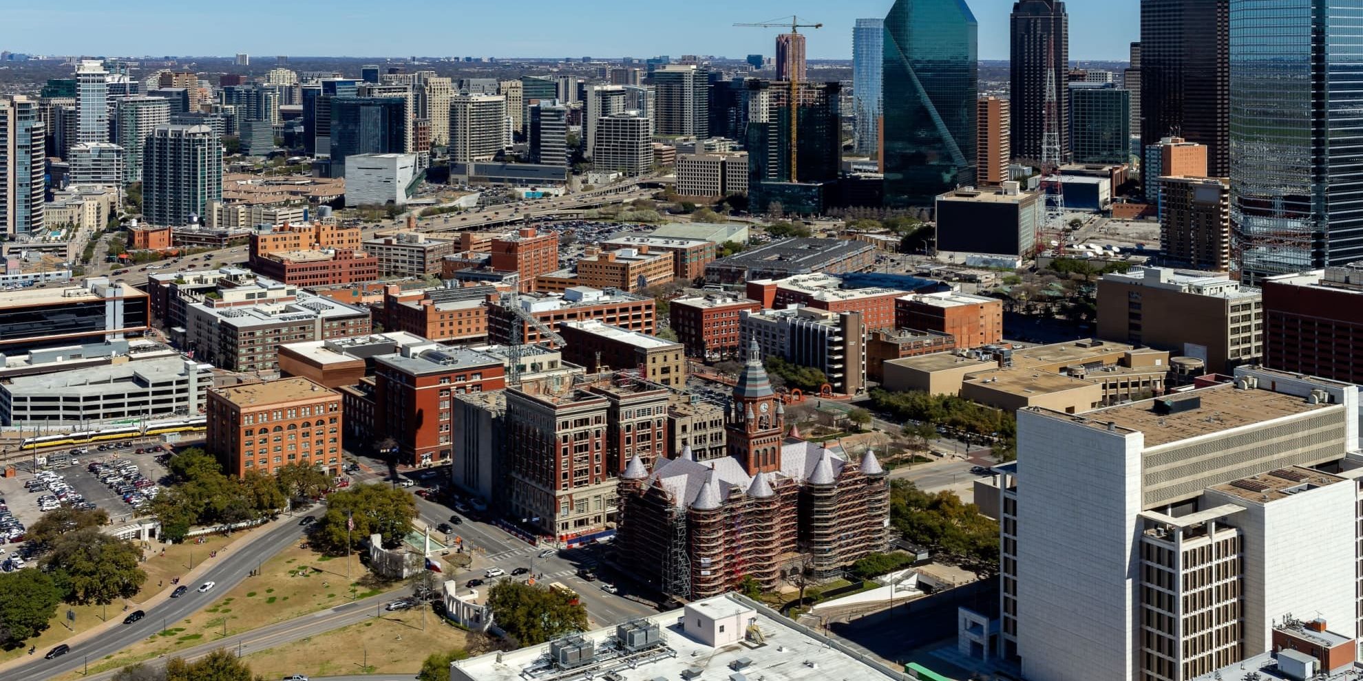 panoramic view of the West End and Dallas central business district skyline