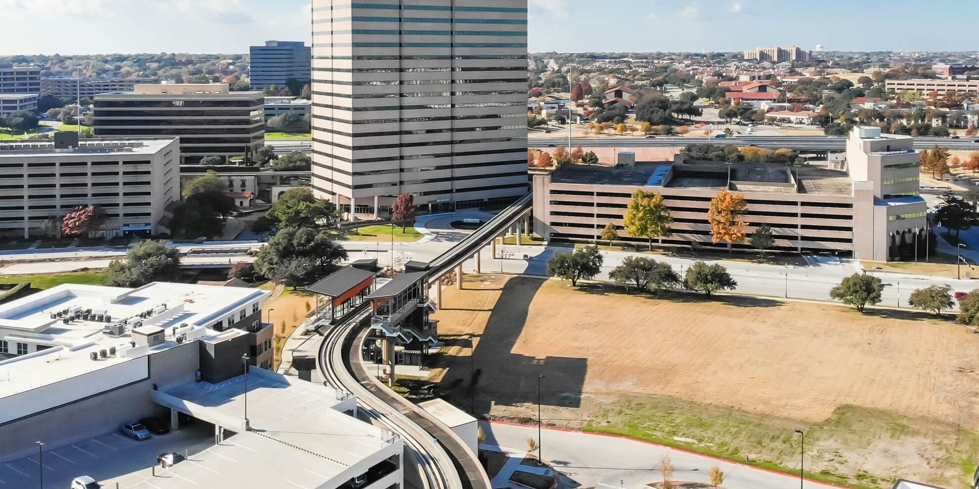 aerial landscape view of the rail going into the central business district of Las Colinas in Irving, Texas