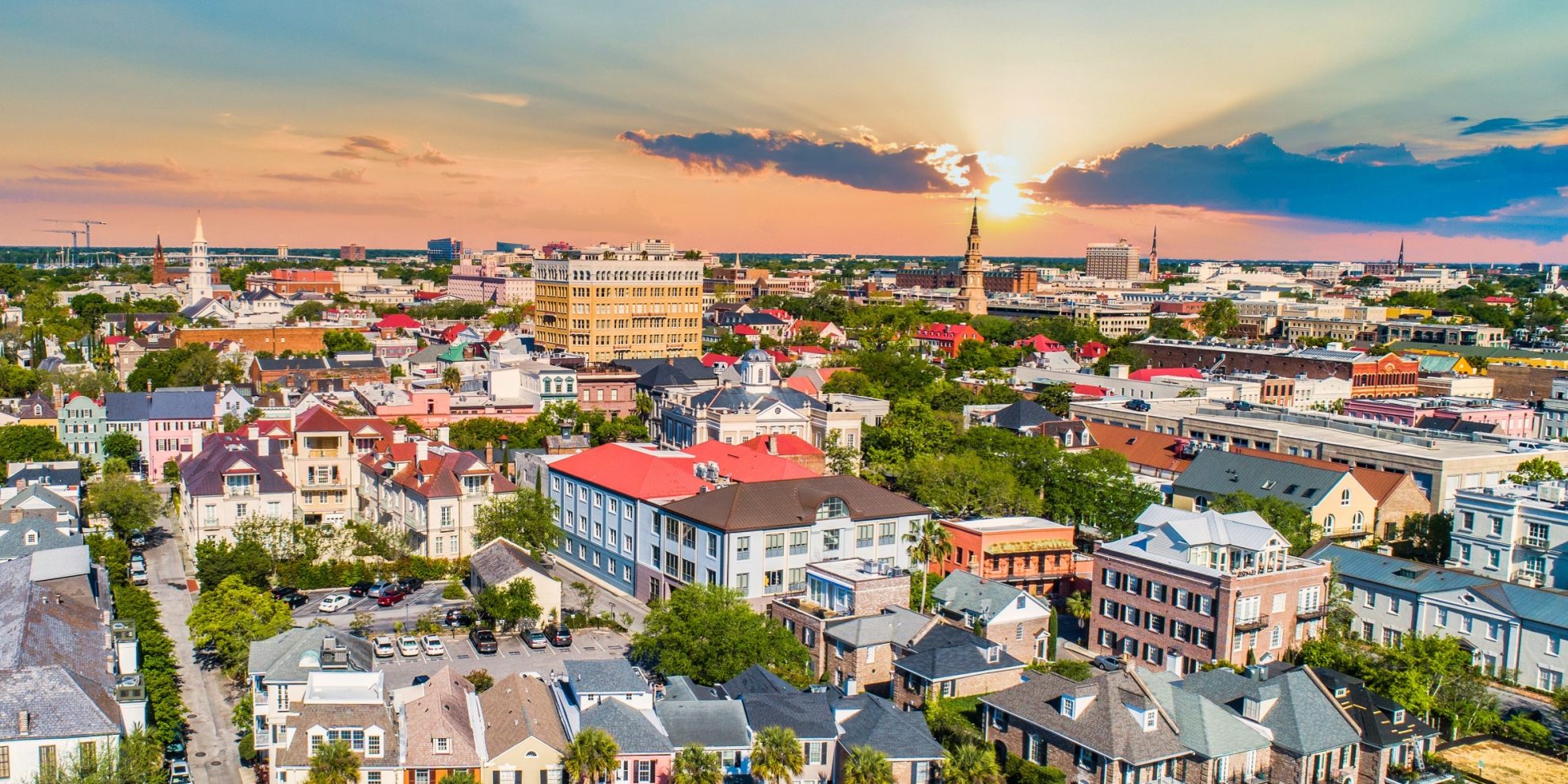 aerial view of the downtown Charleston area commercial and office buildings