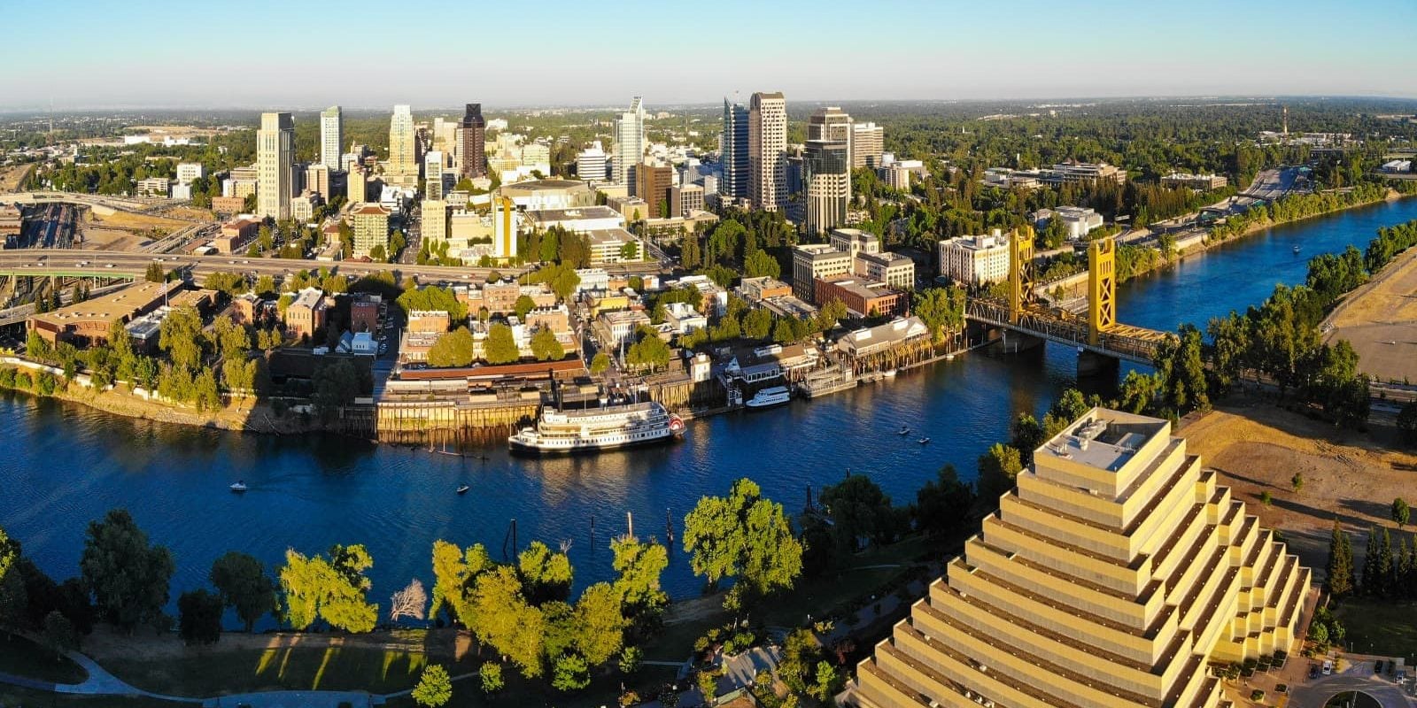 downtown sacramento california aerial panoramic view including river