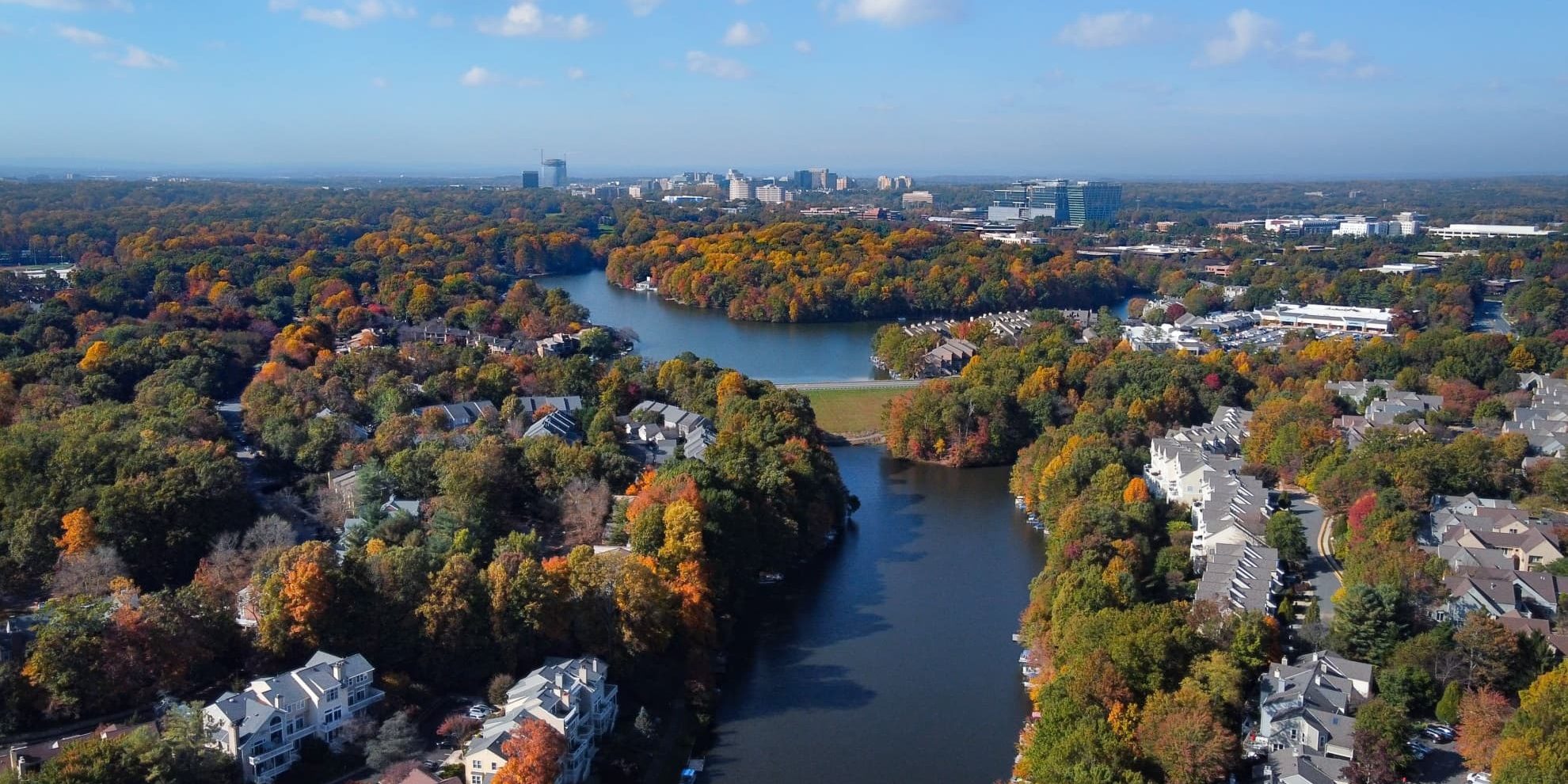 aerial panoramic view of potomac river in washington dc metropolitan suburb area of fairfax county