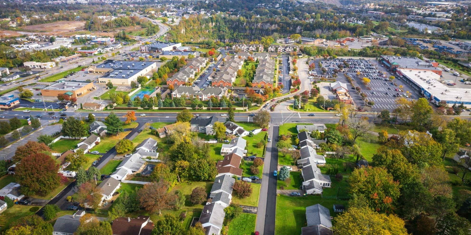 Broad aerial view of the King of Prussia suburban submarket of Philadelphia