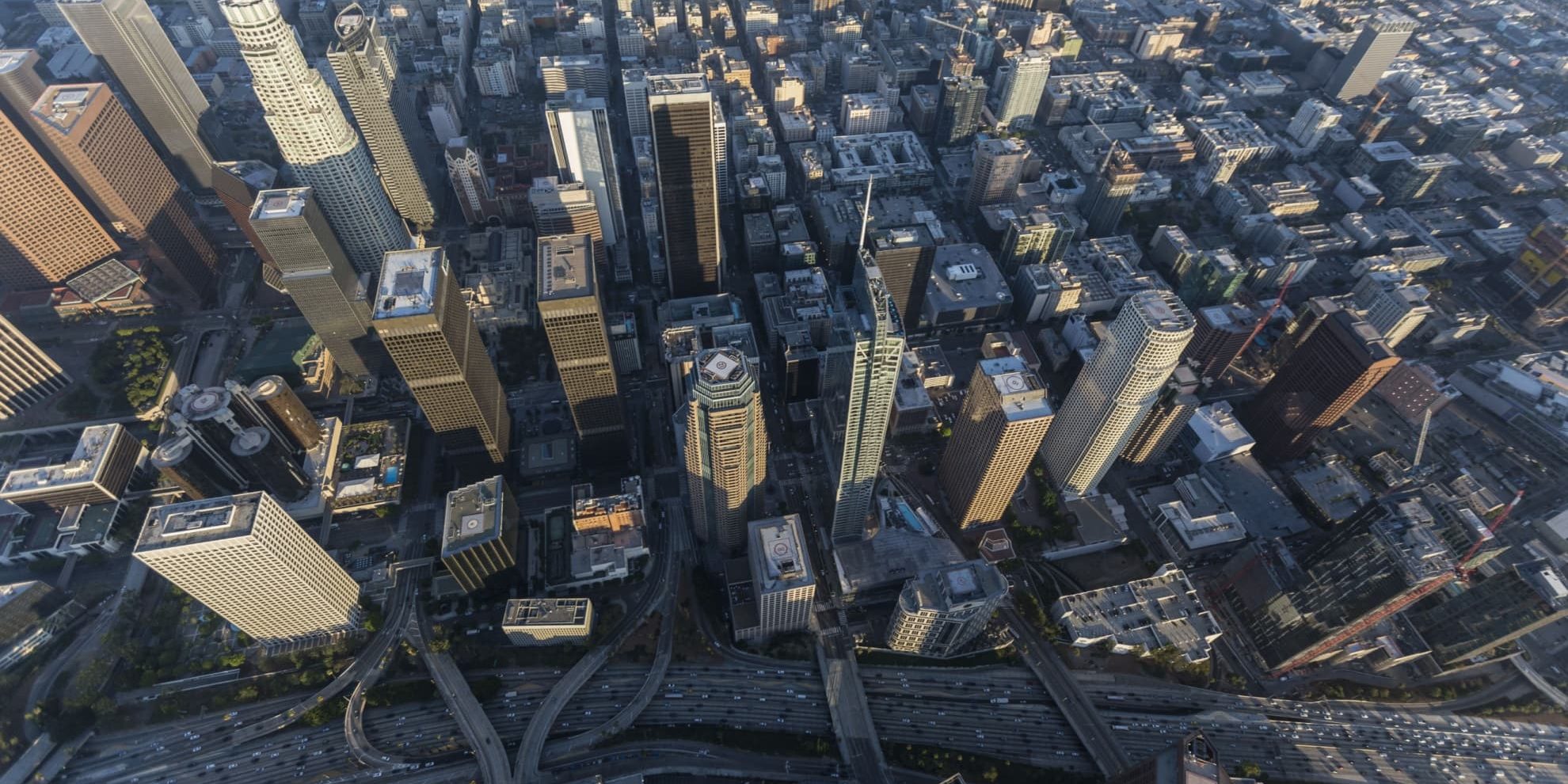 aerial view from above of skyscrapers in downtown los angeles