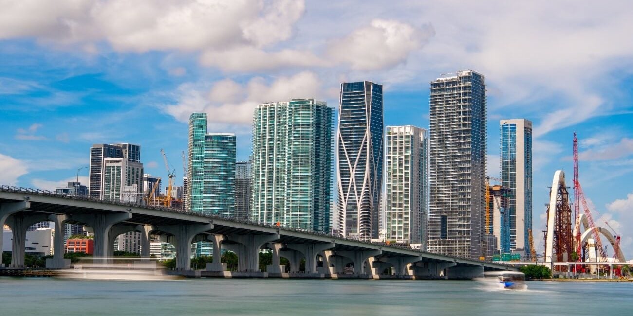 miami florida skyline and bridge view from the water
