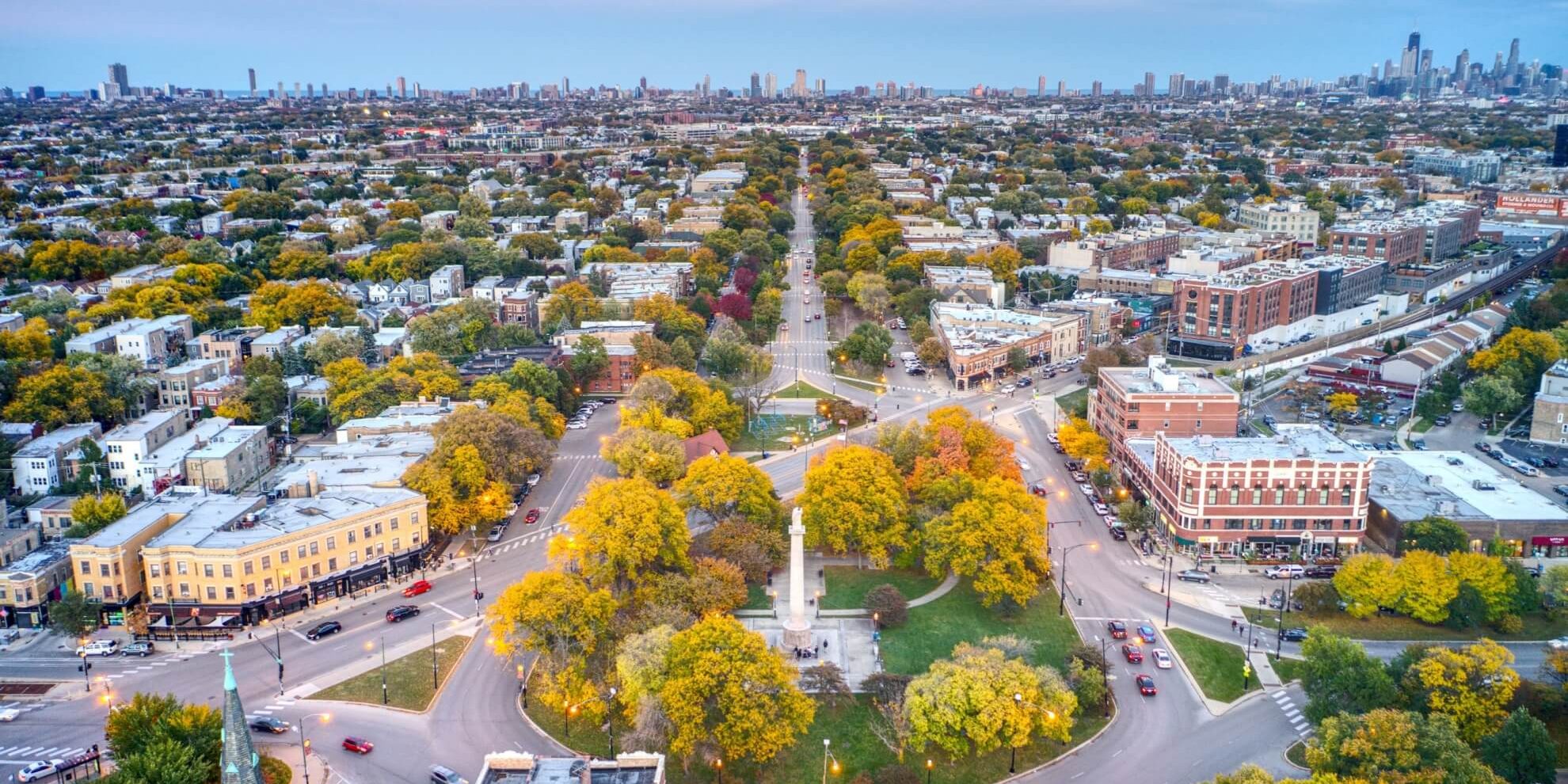 aerial landscape view of north chicago with the central business district skyline at the horizon