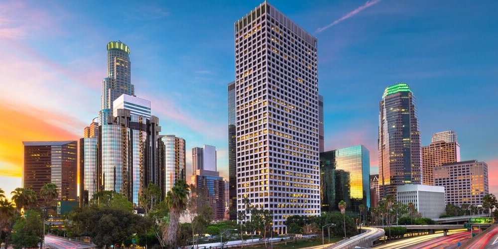 A view of the Downtown Los Angeles skyline with several office buildings
