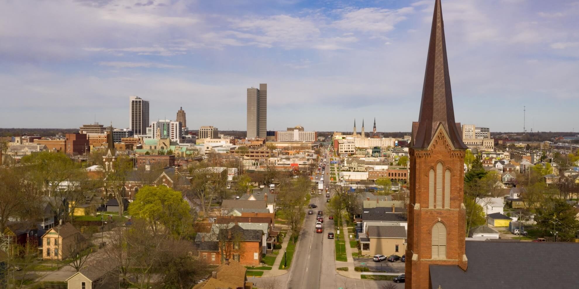 panoramic view of commercial and office buildings in the Fort Wayne central business district