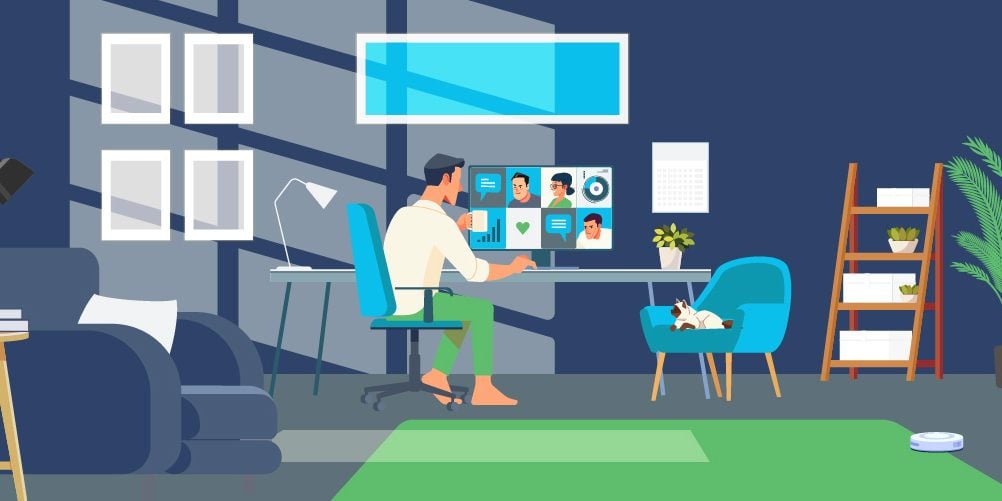Illustration of a telecommuter in a conference call with several colleagues