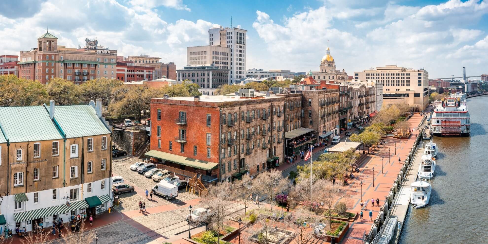aerial panoramic view of commercial real estate buildings in Savannah Georgia, located on the waterfront