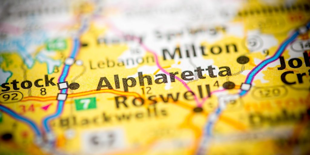 map with highlight on alpharetta georgia
