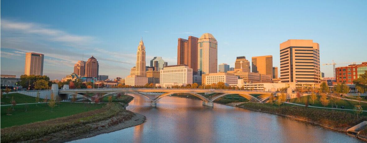 An aerial view of the Columbus, OH skyline