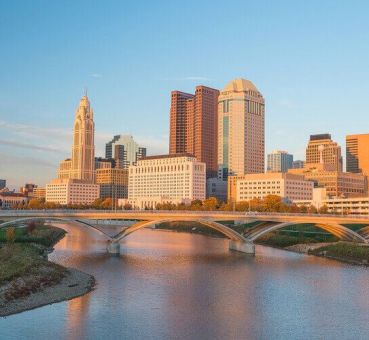 An aerial view of the Columbus, OH skyline