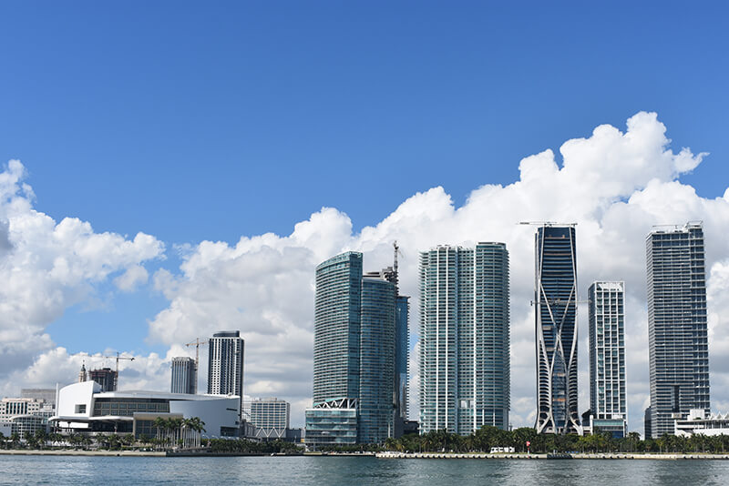 Miami bayfront skyline featuring, from left to right, the American Airlines Arena, Marina Blue at 888 Biscayne, 900 Biscayne Bay condo tower, One Thousand Museum, Ten Museum Park, Marquis Miami