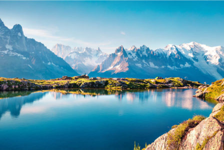 View of a mountain lake and Mont Blanc in France