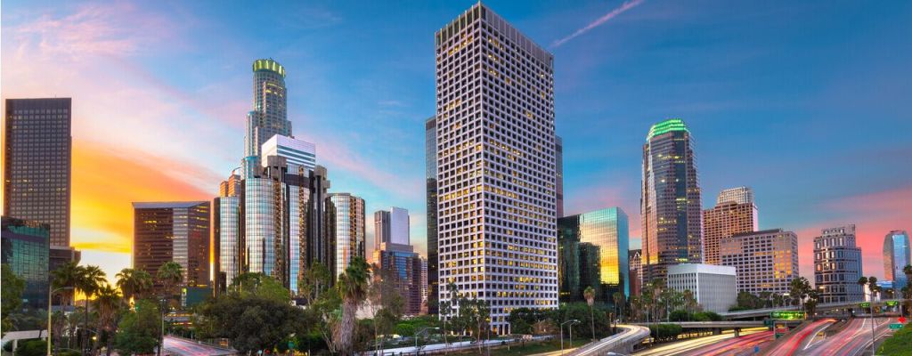 A view of the Downtown Los Angeles skyline with several office buildings
