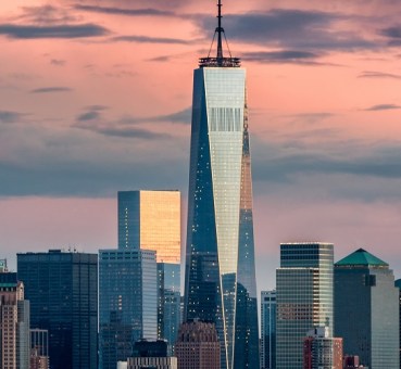View of One World Trade Center at sunset