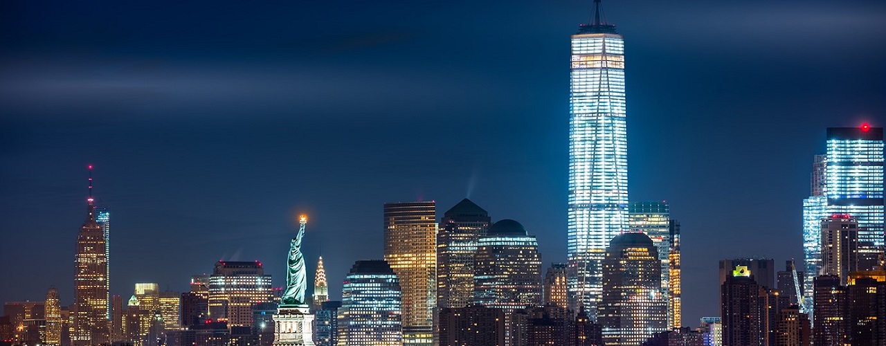 Night view over Lower Manhattan, with One World Trade Center and The Statue of Liberty