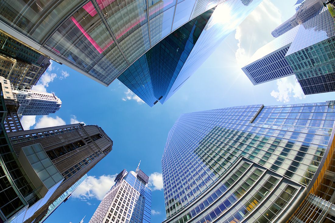 skyscrapers extending up towards the sky